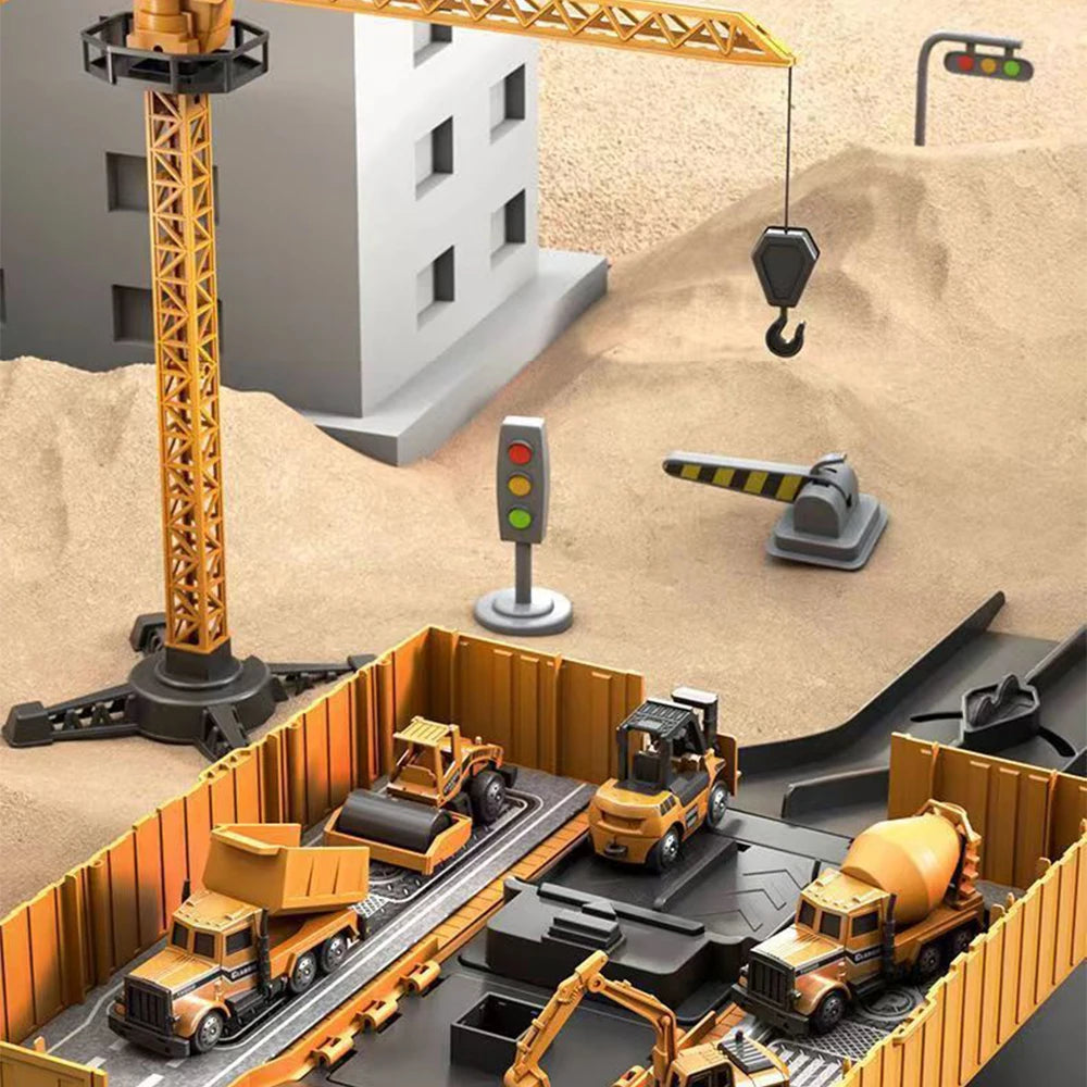 Diecast Engineering Truck Set with 6 Mini Cars – Excavator, Crane, Bulldozer