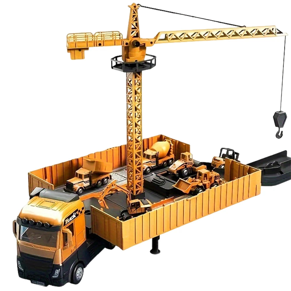 Diecast Engineering Truck Set with 6 Mini Cars – Excavator, Crane, Bulldozer