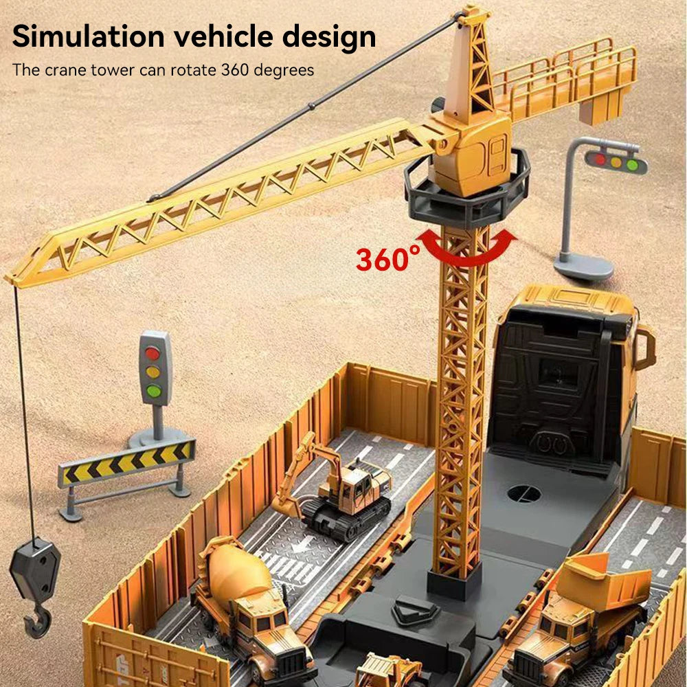 Diecast Engineering Truck Set with 6 Mini Cars – Excavator, Crane, Bulldozer
