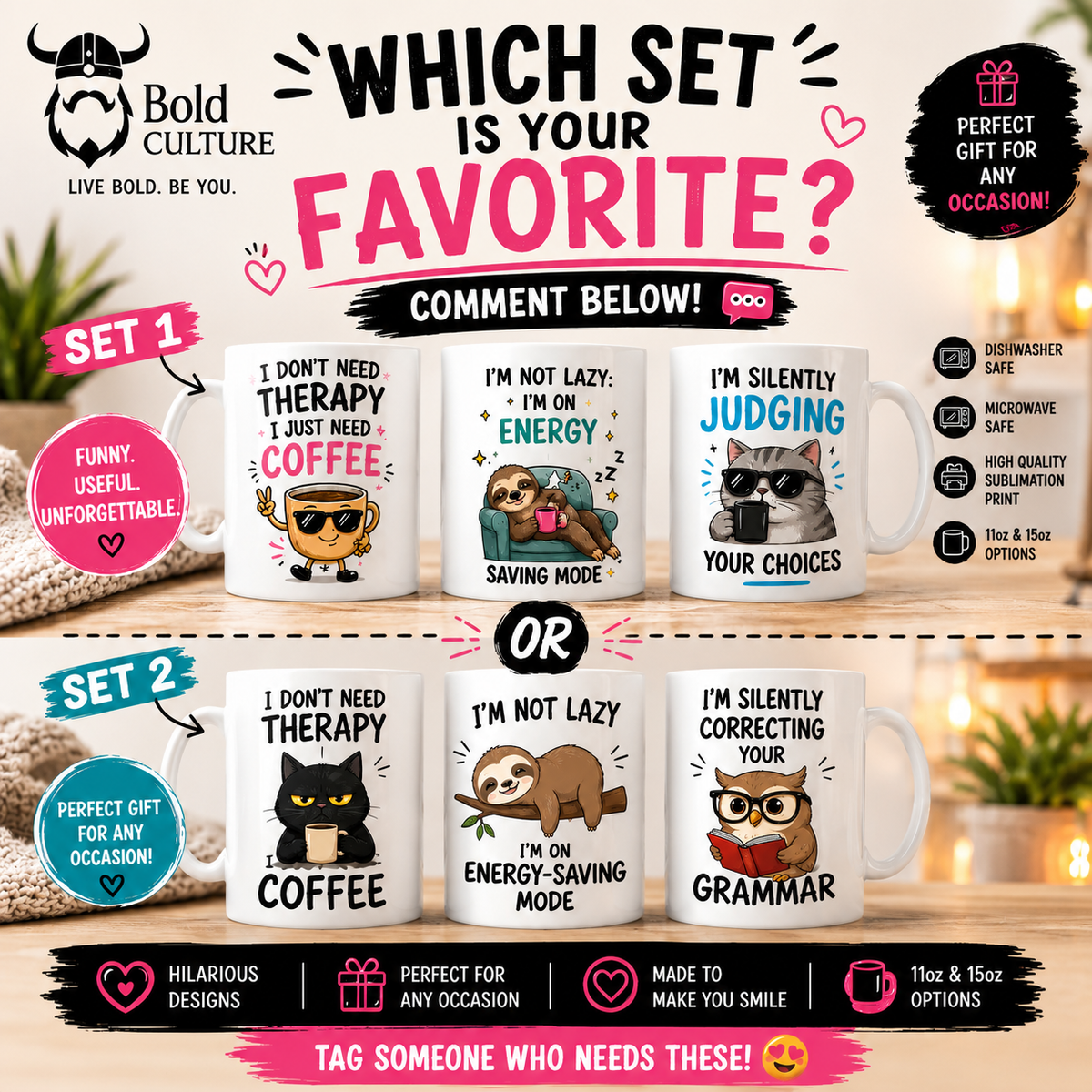 Funny Mug Gift Set – Coffee, Sloth & Judging Cat | 3 Mug Bundle