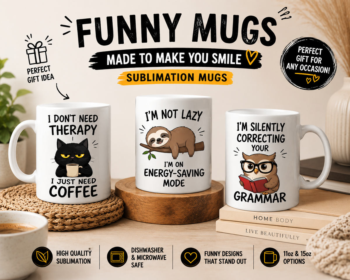 Funny Mug Gift Set – Coffee, Sloth & Judging Cat | 3 Mug Bundle