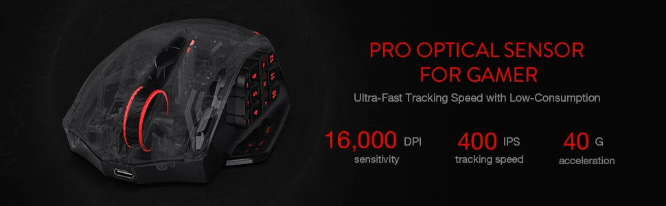 Redragon M913 Impact Elite Wireless/Wired Gaming Mouse – 16 Programmable Buttons, 16000 DPI