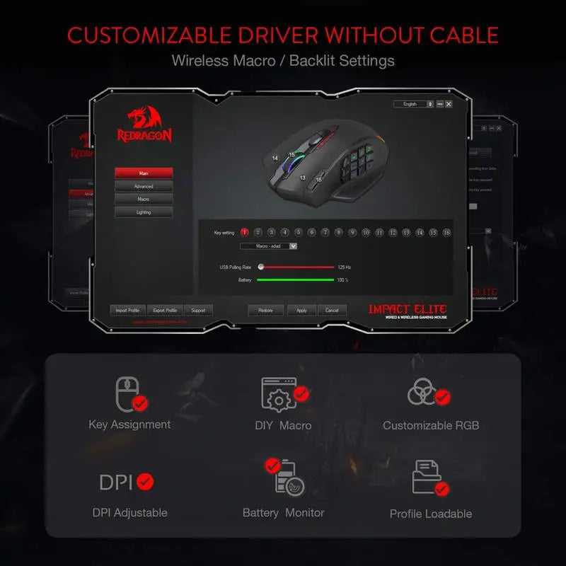 Redragon M913 Impact Elite Wireless/Wired Gaming Mouse – 16 Programmable Buttons, 16000 DPI
