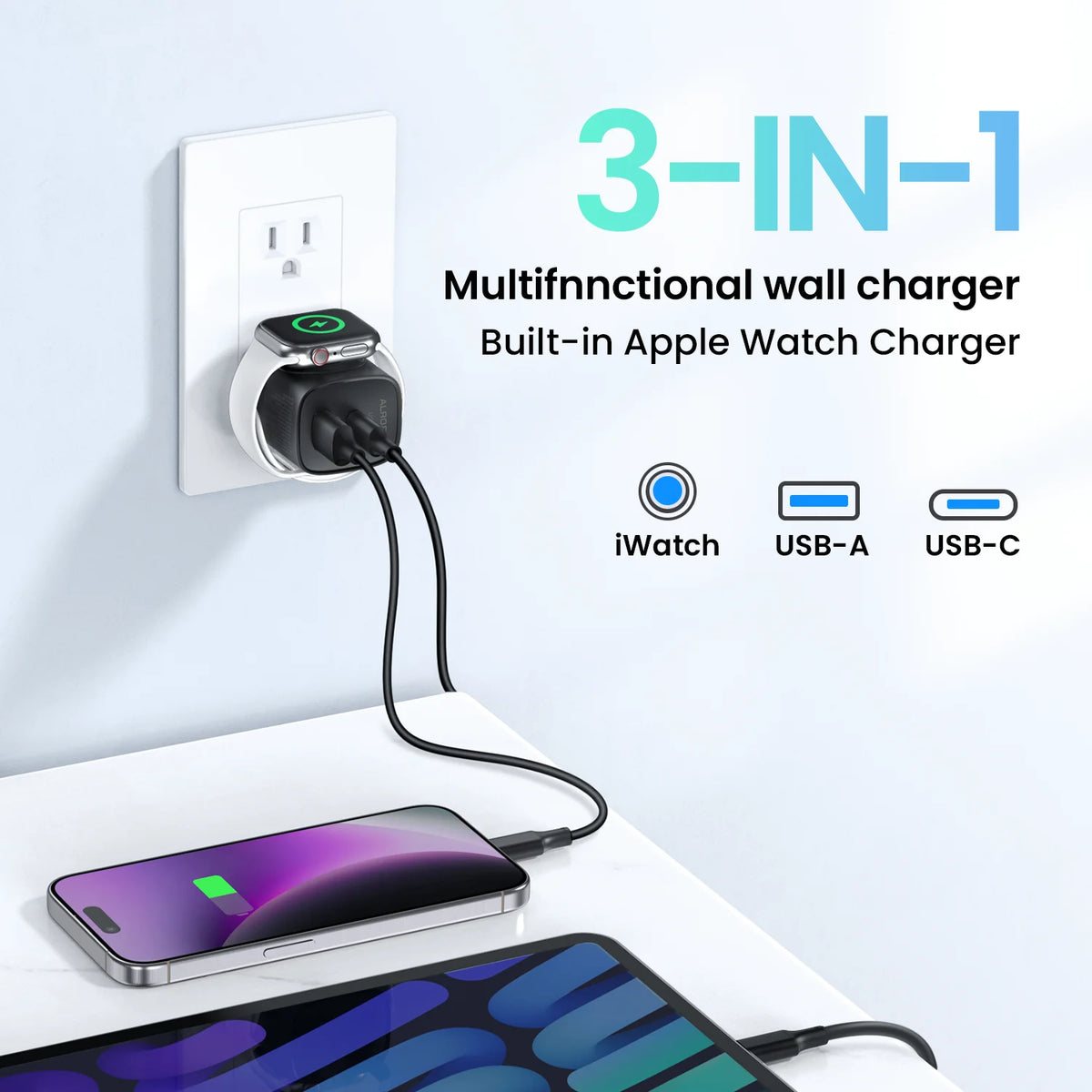 3-in-1 Fast Charger for Apple Watch, iPhone & iPad