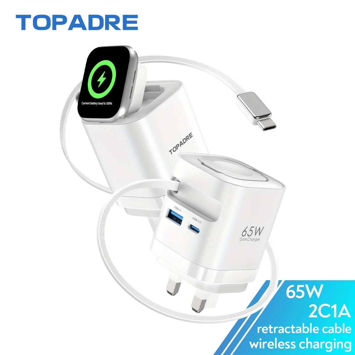 65W Retractable GaN Charger – 3-in-1 Wireless Power for Apple Devices