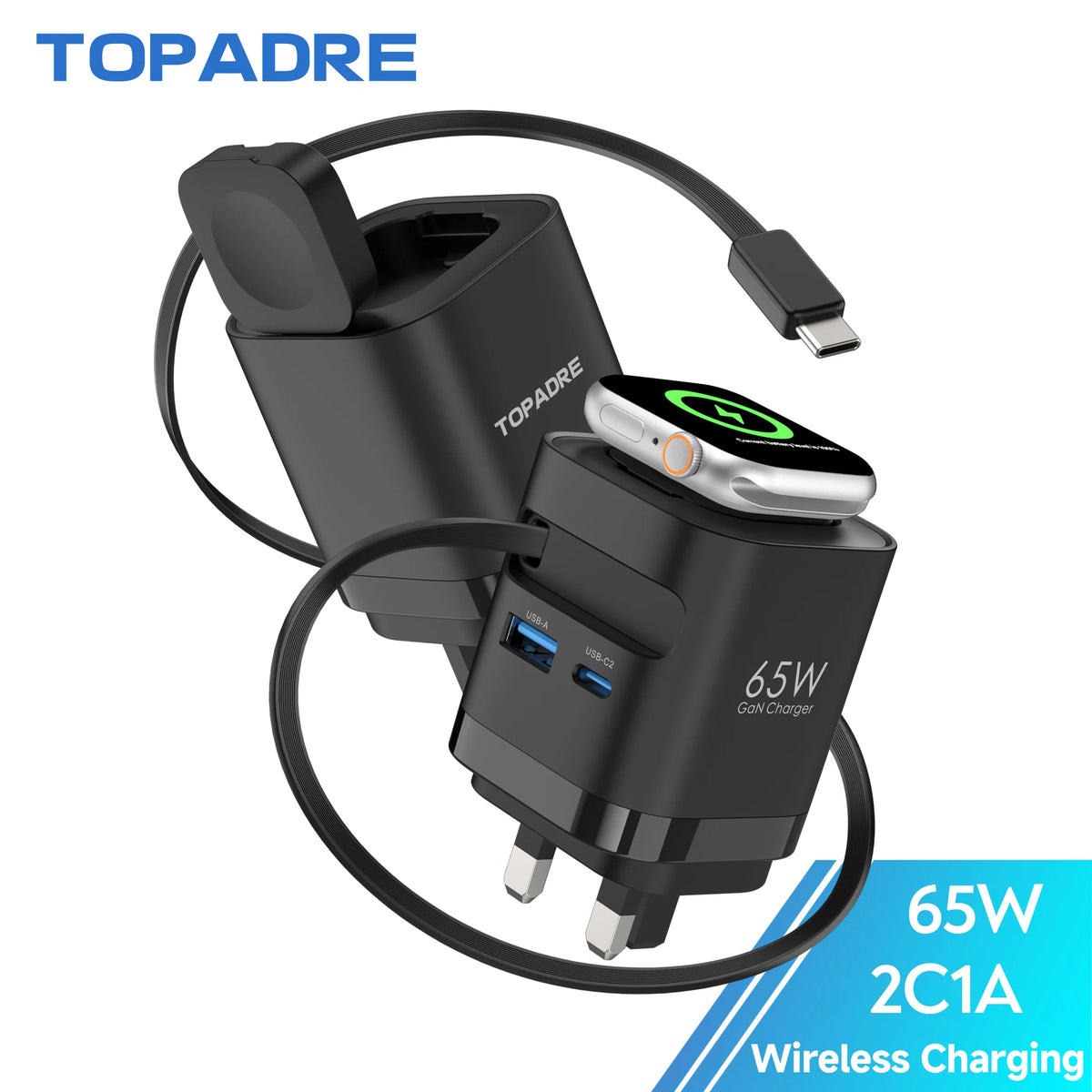 65W Retractable GaN Charger – 3-in-1 Wireless Power for Apple Devices