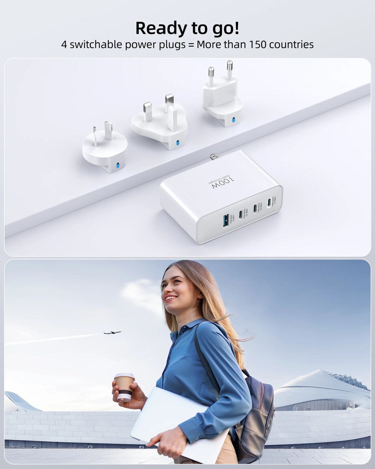 100W GaN Travel Charger – 4-Port Fast Charging Adapter (UK/EU/AU)