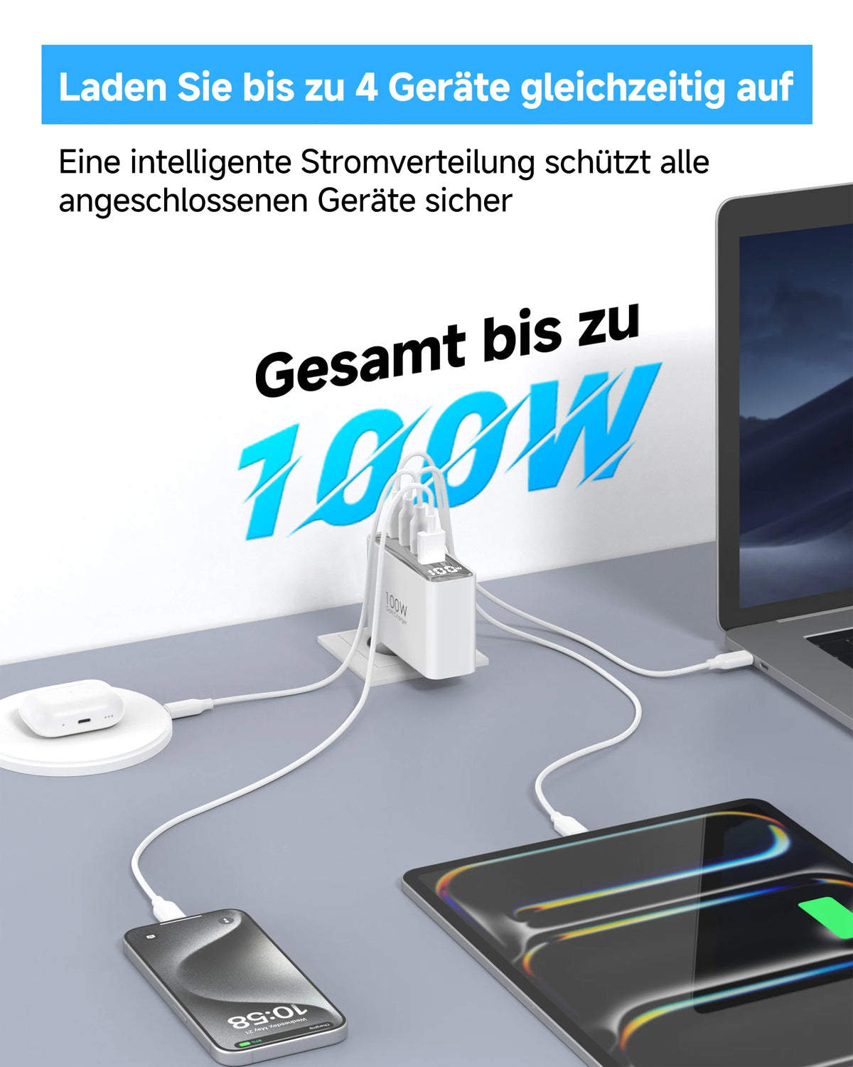 100W GaN Travel Charger – 4-Port Fast Charging Adapter (UK/EU/AU)
