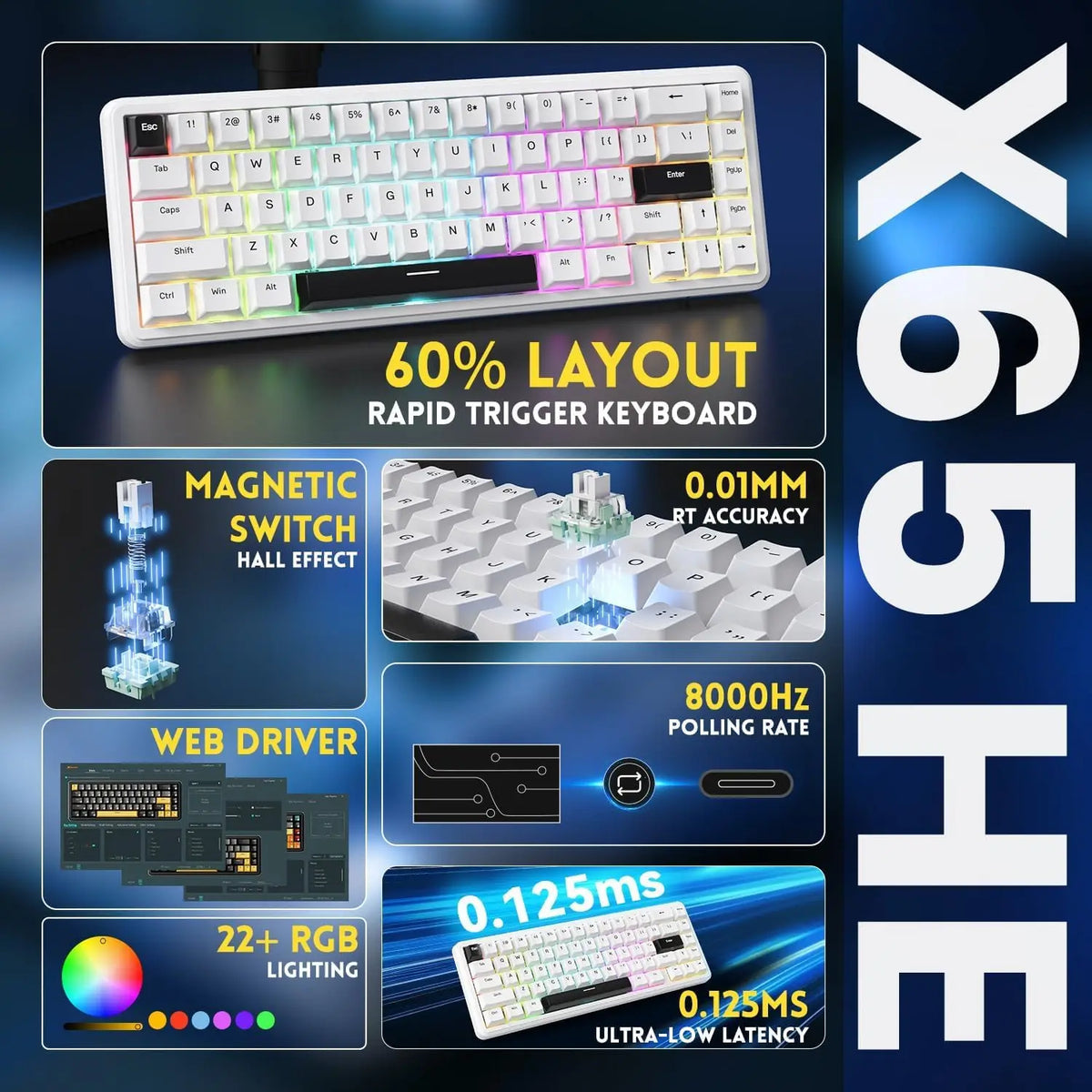 ATTACK SHARK X65 HE Wired 65% Mechanical Gaming Keyboard – Magnetic Hall Effect Switch, Hot-Swap, RGB Backlit