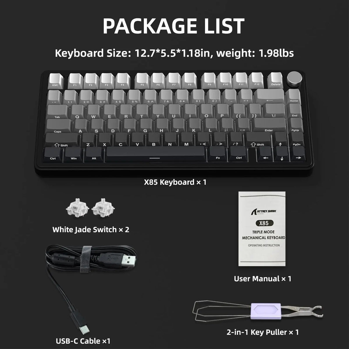 ATTACK SHARK X85 Wireless Mechanical Gaming Keyboard – TKL 82 Keys, Gasket Structure, RGB Hot-Swappable, Knob, Customizable