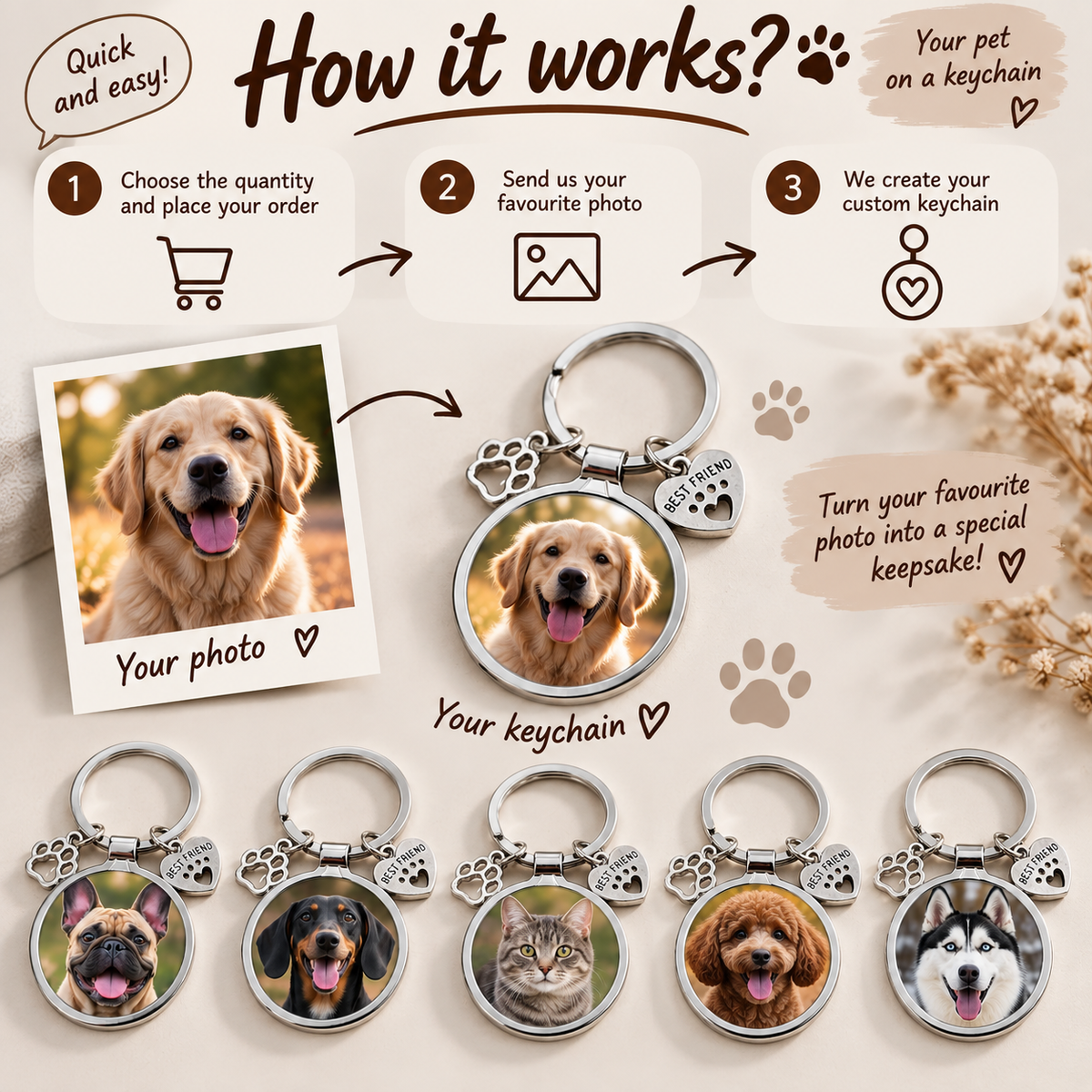 Personalised Pet Photo Keyring – Custom Dog or Cat Picture Keychain – Pet Lover Gift