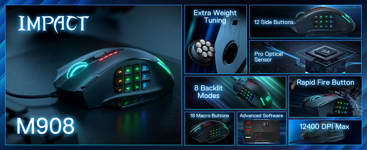 Redragon M908 RGB Gaming Mouse – 18 Programmable Buttons, 12400 DPI