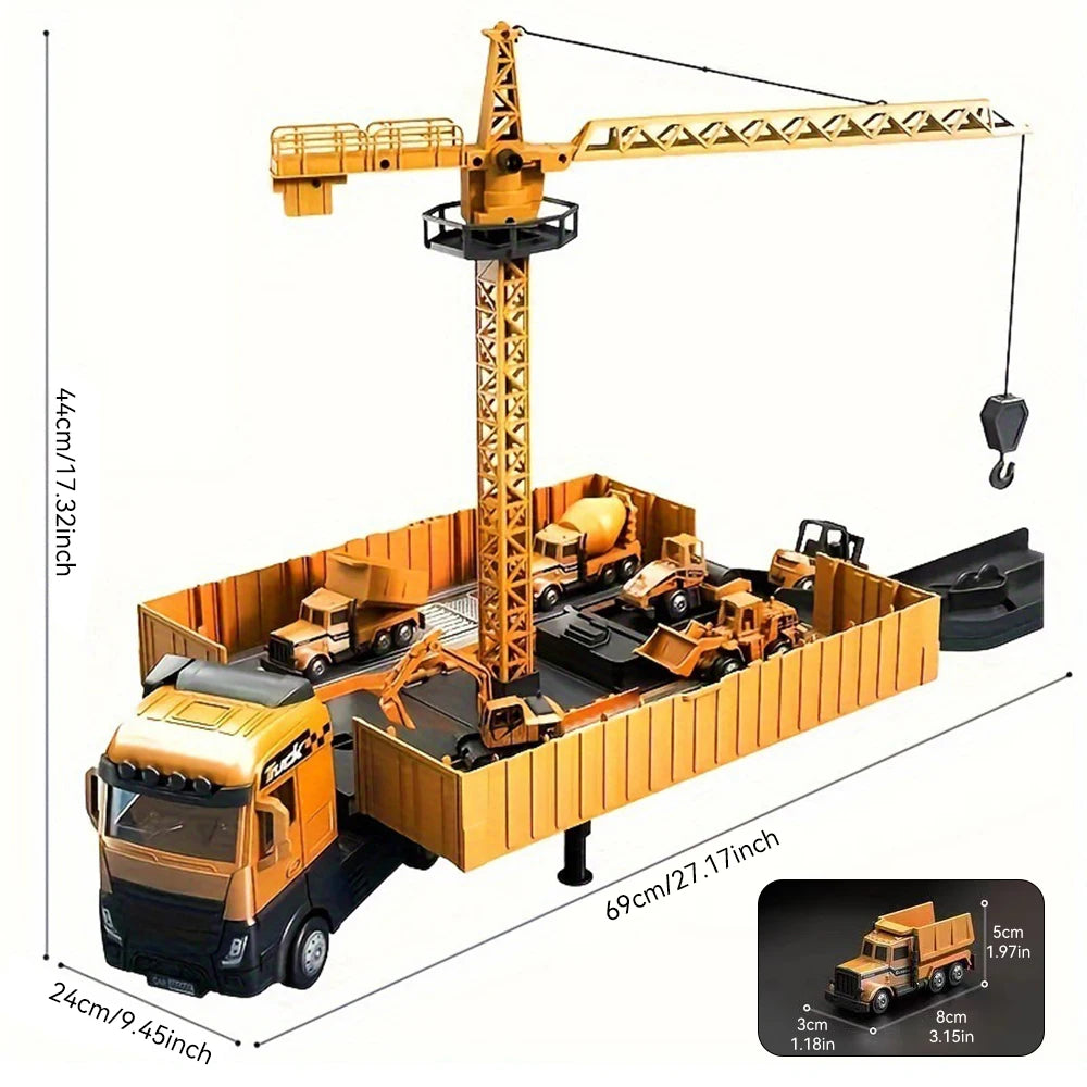 Diecast Engineering Truck Set with 6 Mini Cars – Excavator, Crane, Bulldozer
