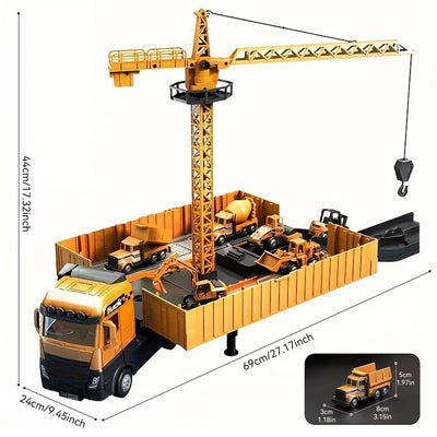 Diecast Engineering Truck Set with 6 Mini Cars – Excavator, Crane, Bulldozer