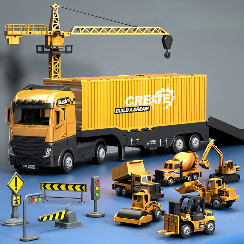 Diecast Engineering Truck Set with 6 Mini Cars – Excavator, Crane, Bulldozer