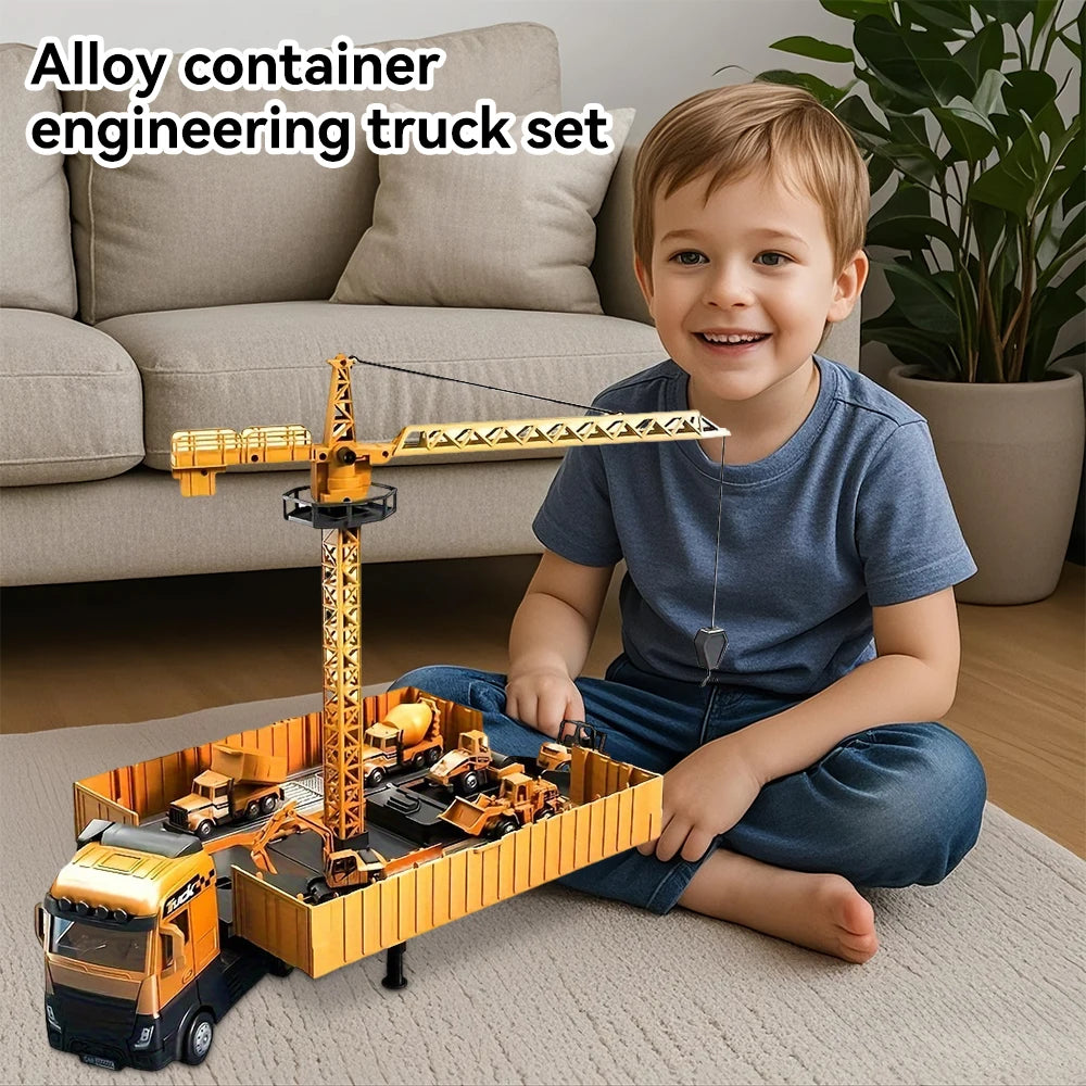 Diecast Engineering Truck Set with 6 Mini Cars – Excavator, Crane, Bulldozer