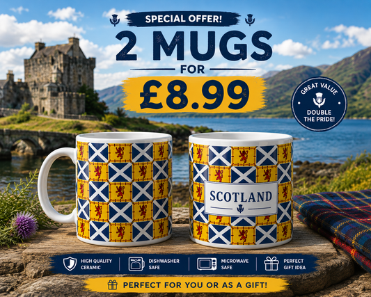 Scotland Flag Ceramic Mug Set | Scottish Saltire & Royal Lion Design | 2 Mugs | Tea & Coffee Gift