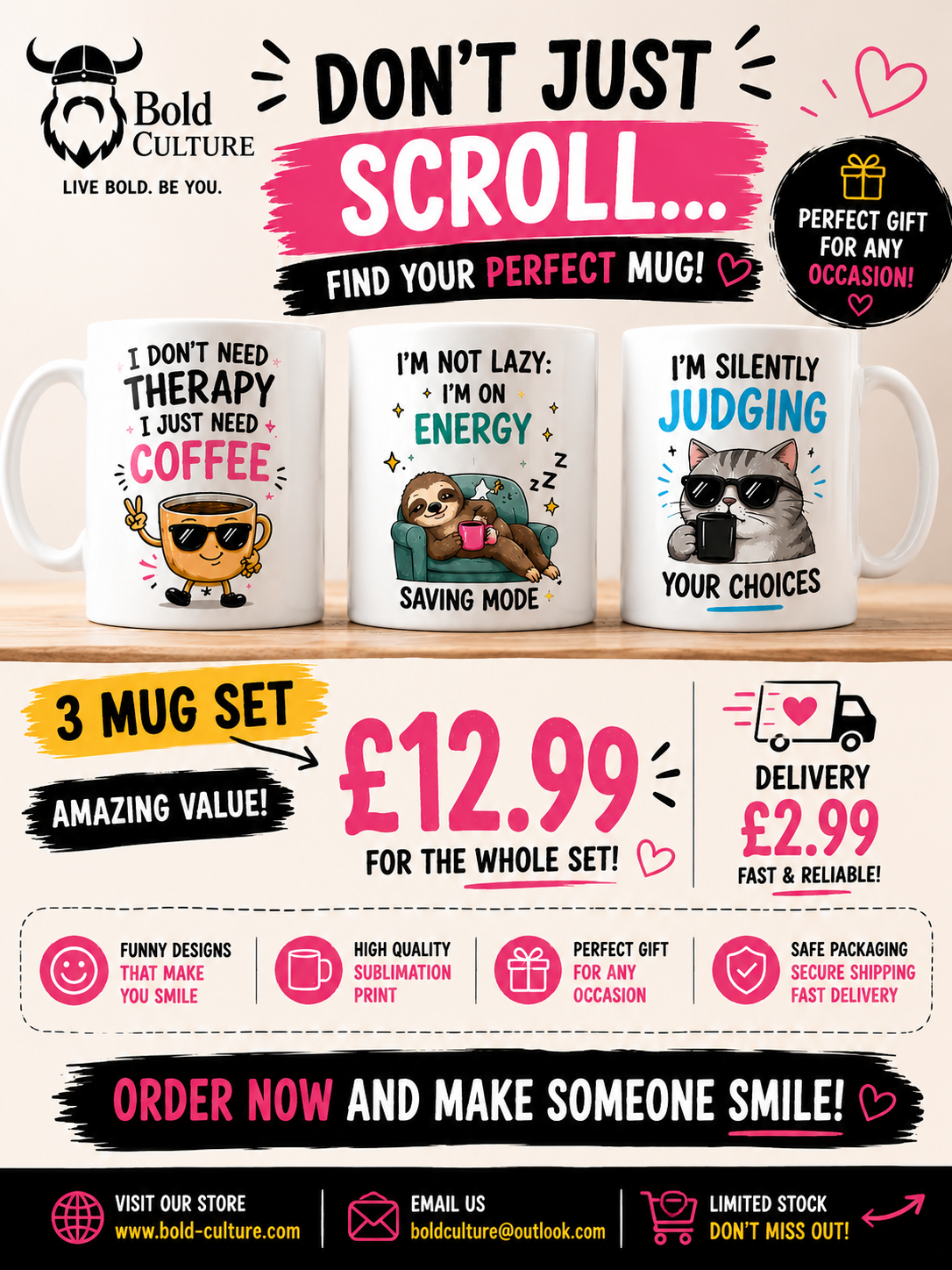 Funny Mug Gift Set – Coffee, Sloth & Judging Cat | 3 Mug Bundle