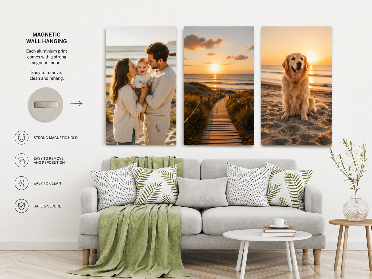 Personalised Aluminium Photo Wall Set – 3 Custom Prints with Magnetic Mounting