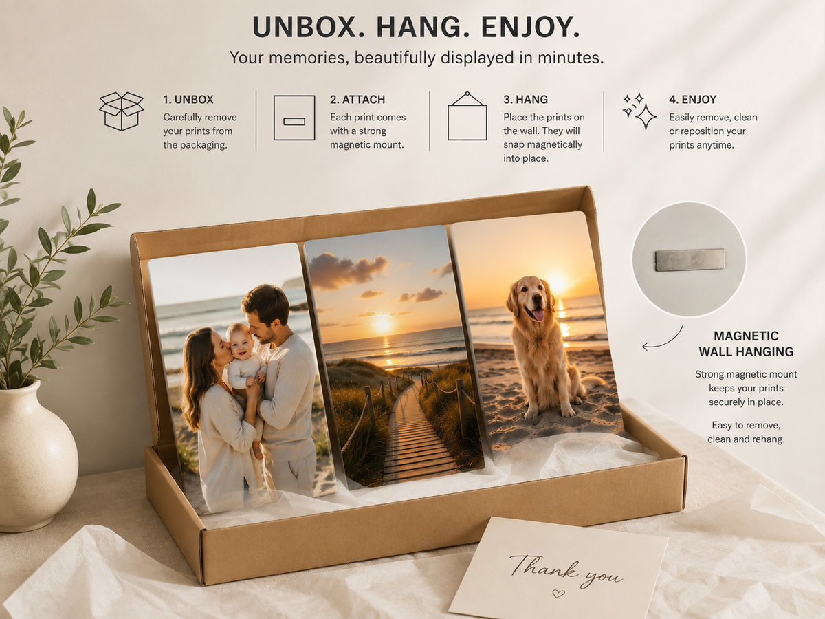 Personalised Aluminium Photo Wall Set – 3 Custom Prints with Magnetic Mounting
