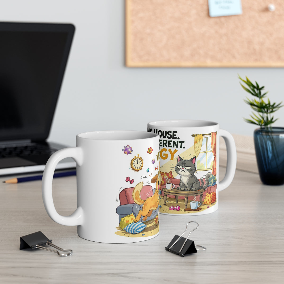 Same House, Very Different Energy” Mug – Funny Dog & Cat Ceramic Coffee Cup (11 oz)
