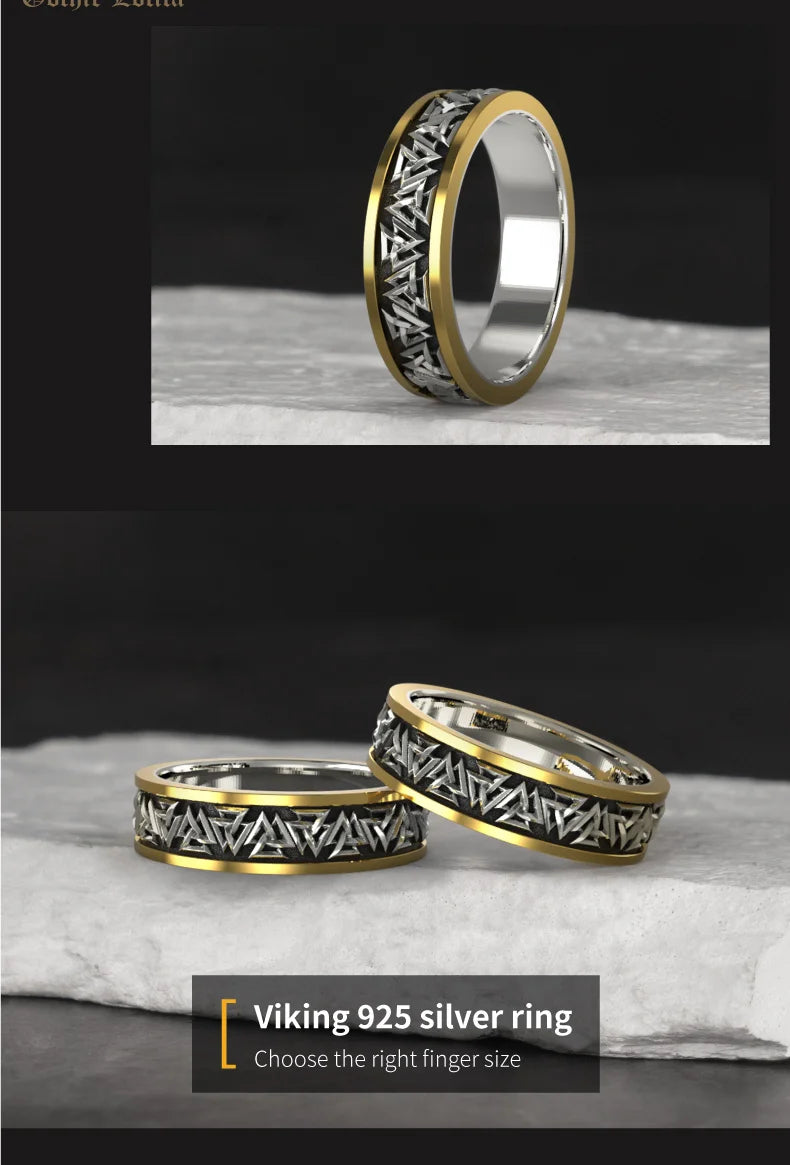 Nordic 925 Silver Viking Ring – Valknut, Rune, Silver & Copper