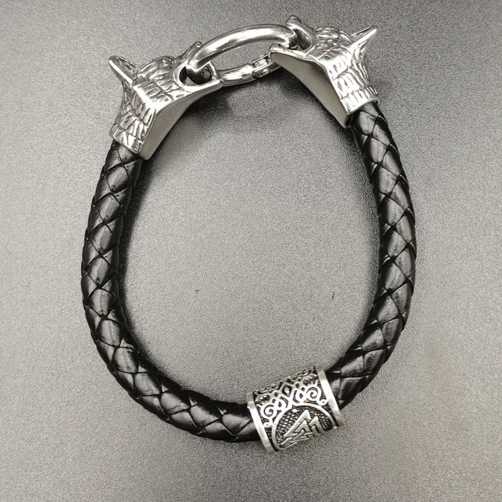 Viking Wolf Head Rune Bracelet – Stainless Steel & Leather