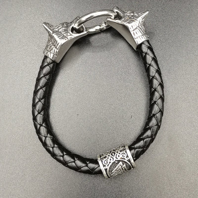 Viking Wolf Head Rune Bracelet – Stainless Steel & Leather