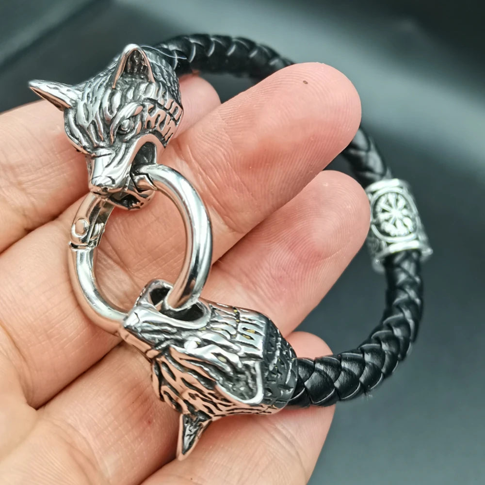 Viking Wolf Head Rune Bracelet – Stainless Steel & Leather