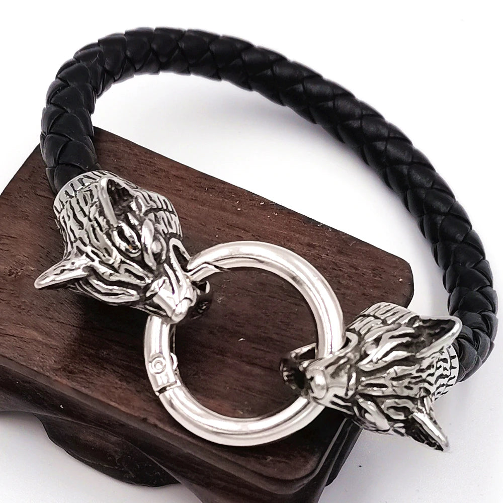 Viking Wolf Head Rune Bracelet – Stainless Steel & Leather