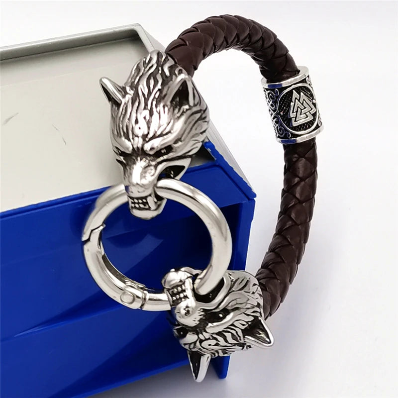 Viking Wolf Head Rune Bracelet – Stainless Steel & Leather