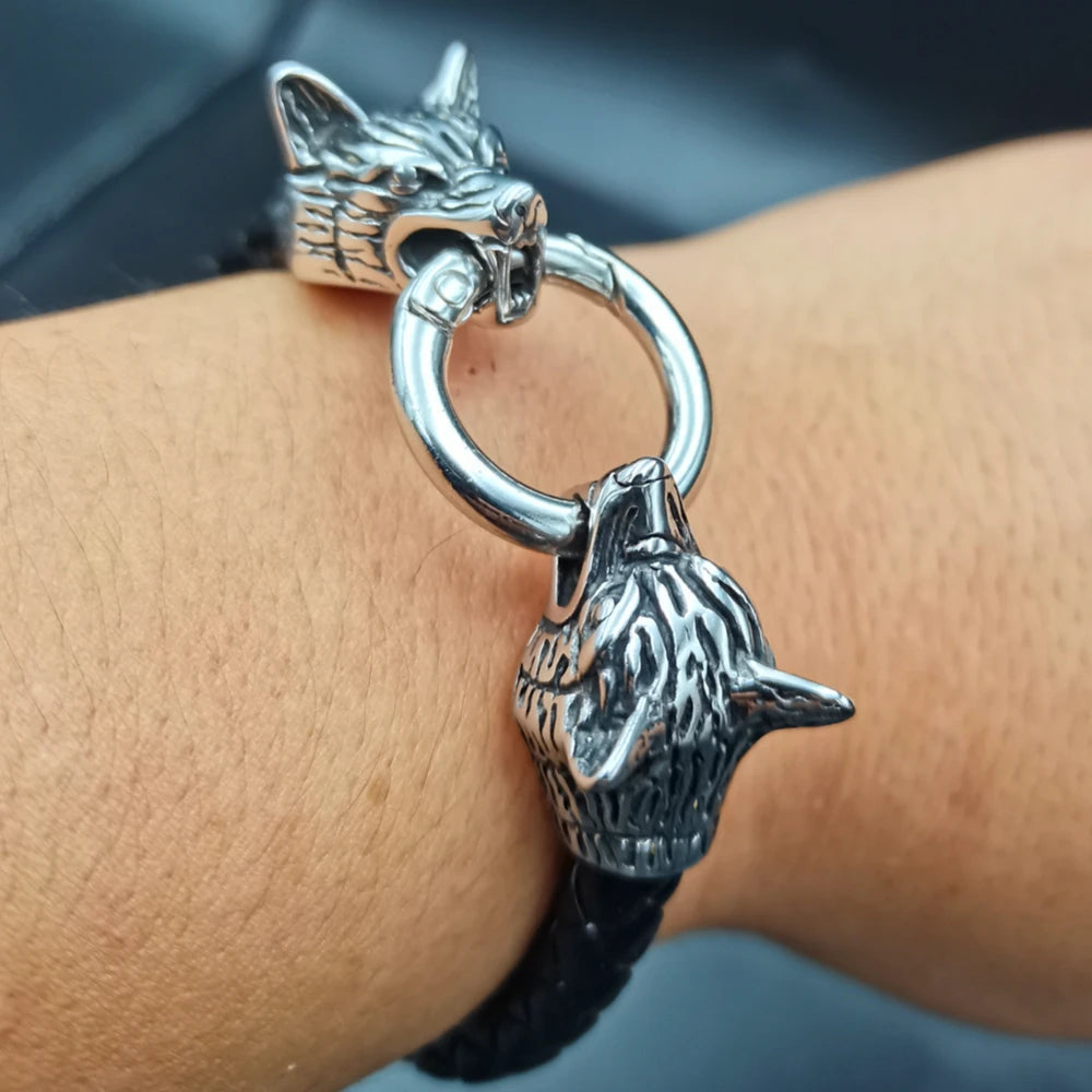 Viking Wolf Head Rune Bracelet – Stainless Steel & Leather