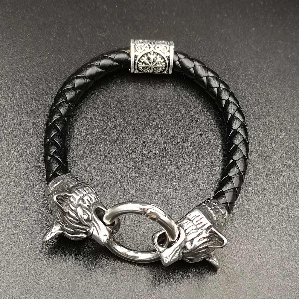 Viking Wolf Head Rune Bracelet – Stainless Steel & Leather