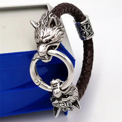 Viking Wolf Head Rune Bracelet – Stainless Steel & Leather