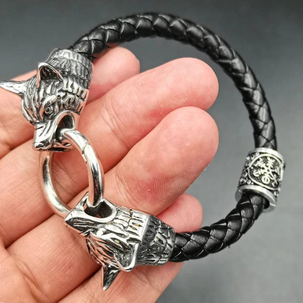 Viking Wolf Head Rune Bracelet – Stainless Steel & Leather