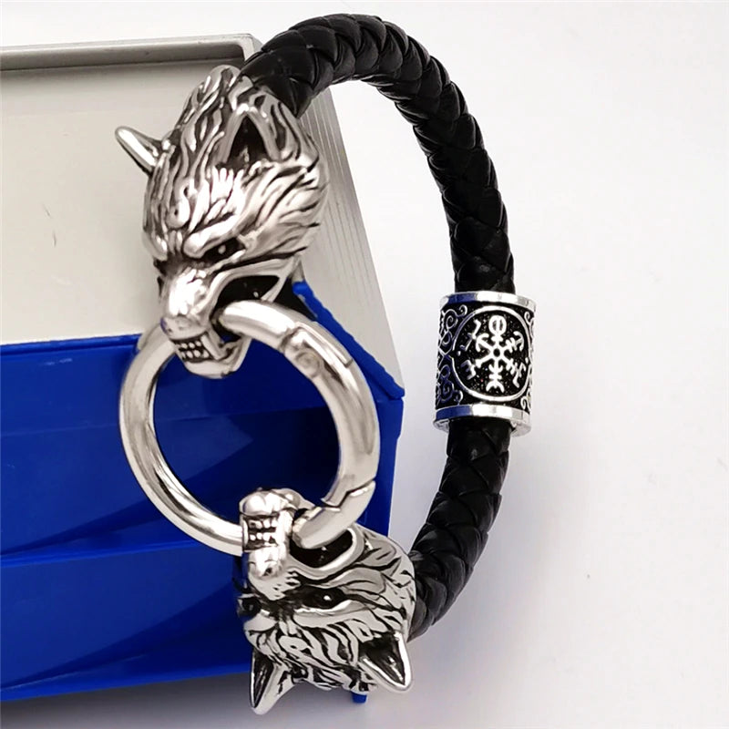 Viking Wolf Head Rune Bracelet – Stainless Steel & Leather