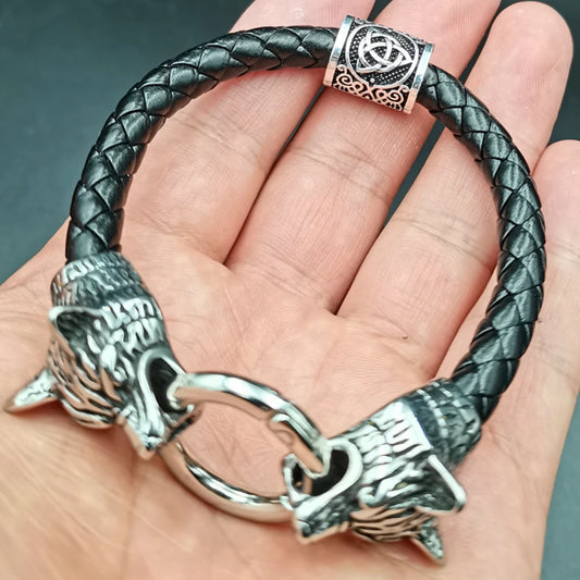 Viking Wolf Head Rune Bracelet – Stainless Steel & Leather