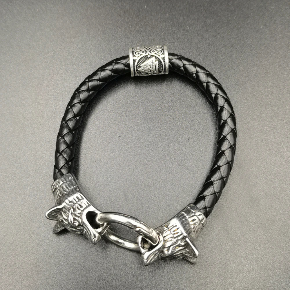 Viking Wolf Head Rune Bracelet – Stainless Steel & Leather