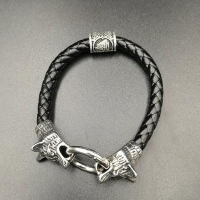 Viking Wolf Head Rune Bracelet – Stainless Steel & Leather