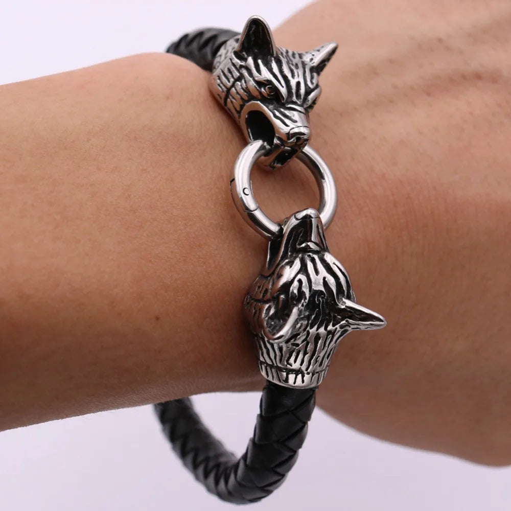 Viking Wolf Head Rune Bracelet – Stainless Steel & Leather