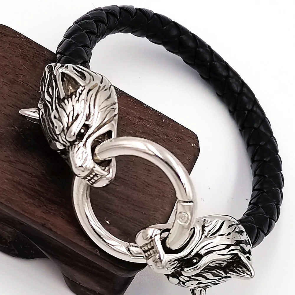 Viking Wolf Head Rune Bracelet – Stainless Steel & Leather