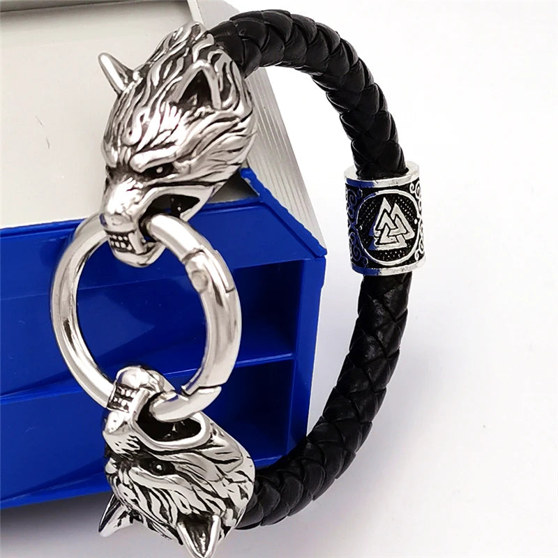 Viking Wolf Head Rune Bracelet – Stainless Steel & Leather