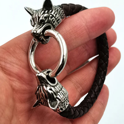 Viking Wolf Head Rune Bracelet – Stainless Steel & Leather