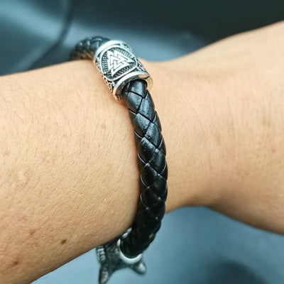 Viking Wolf Head Rune Bracelet – Stainless Steel & Leather