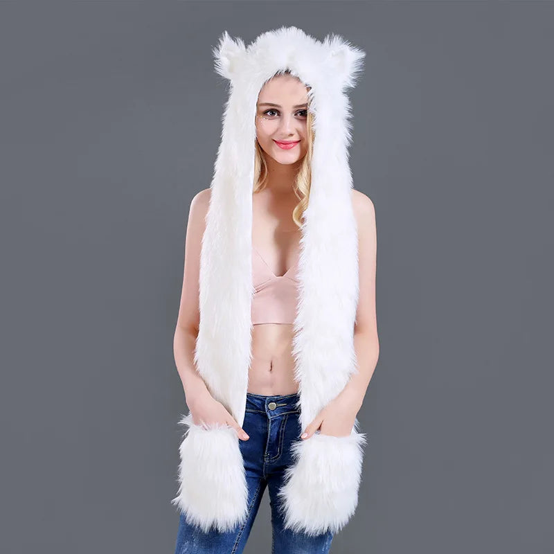 Faux Fur Animal Hat 3-in-1 – Wolf Hood with Scarf & Gloves