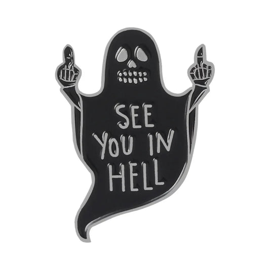 Black Ghost Middle Finger Enamel Pin – Punk Gothic Badge Brooch