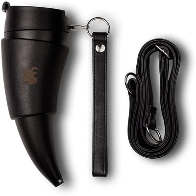Jarl's Horn of Valor – 8oz Viking Mead Mug | Goat Horn | Black/White Stainless Steel | Faux Leather | Coffee Mug with Lid