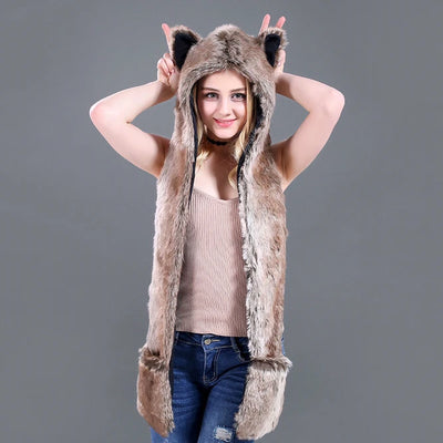 Faux Fur Animal Hat 3-in-1 – Wolf Hood with Scarf & Gloves