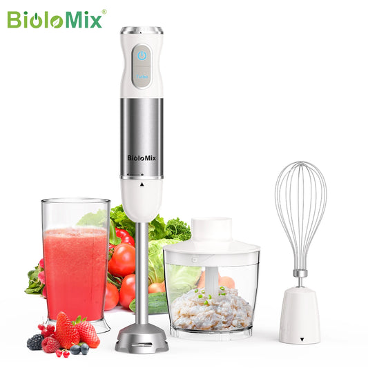 BioloMix 1000W 4-in-1 Immersion Hand Stick Blender Mixer Vegetable Meat Grinder 500ml Chopper Whisk 600ml Smoothie Cup