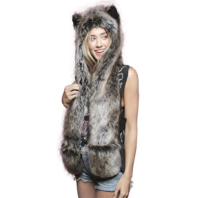 Faux Fur Animal Hat 3-in-1 – Wolf Hood with Scarf & Gloves